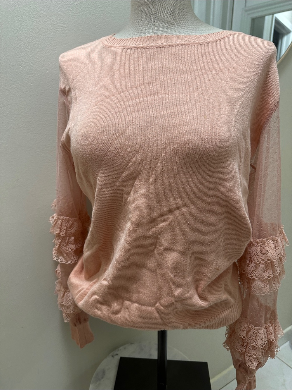 Alice Blue Peach Ruffled Lace Sleeve Scoop Neck Sweater